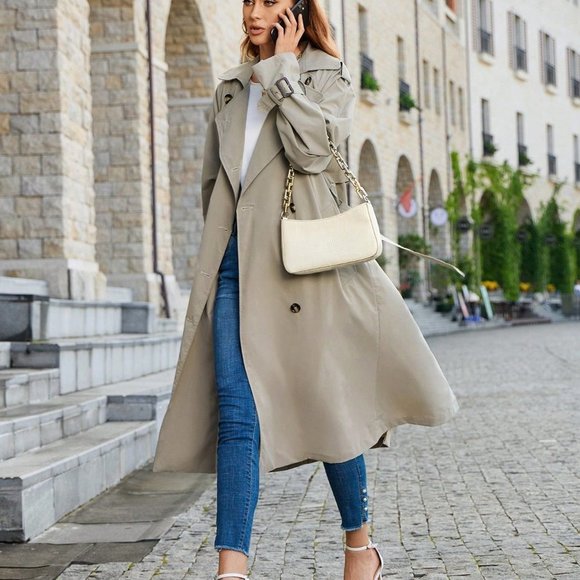 . Jackets & Blazers - Khaki Casual Womens Double Breasted Belted Trench Coat